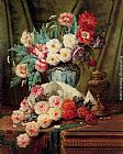 Modeste Carlier Still Life Of Roses And Other Flowers On A Draped Table painting